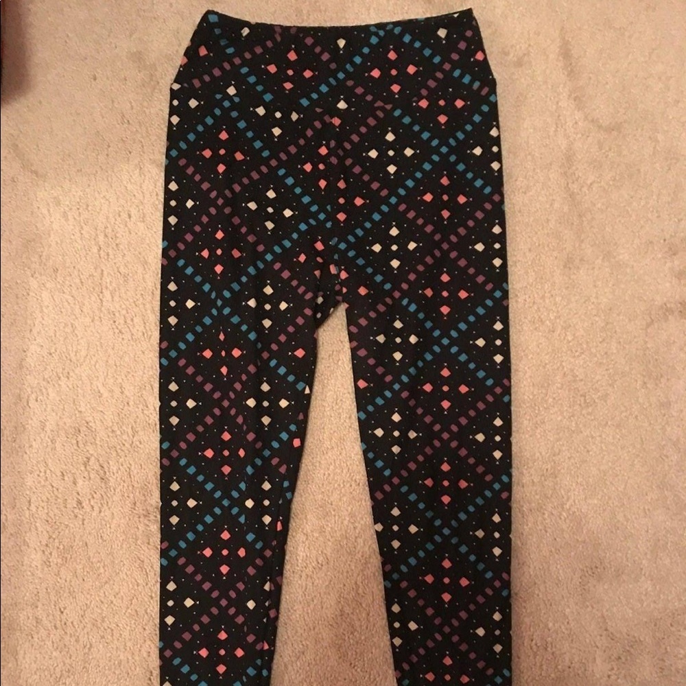 LulaRoe Leggings Black w/pink, purple, blue&white